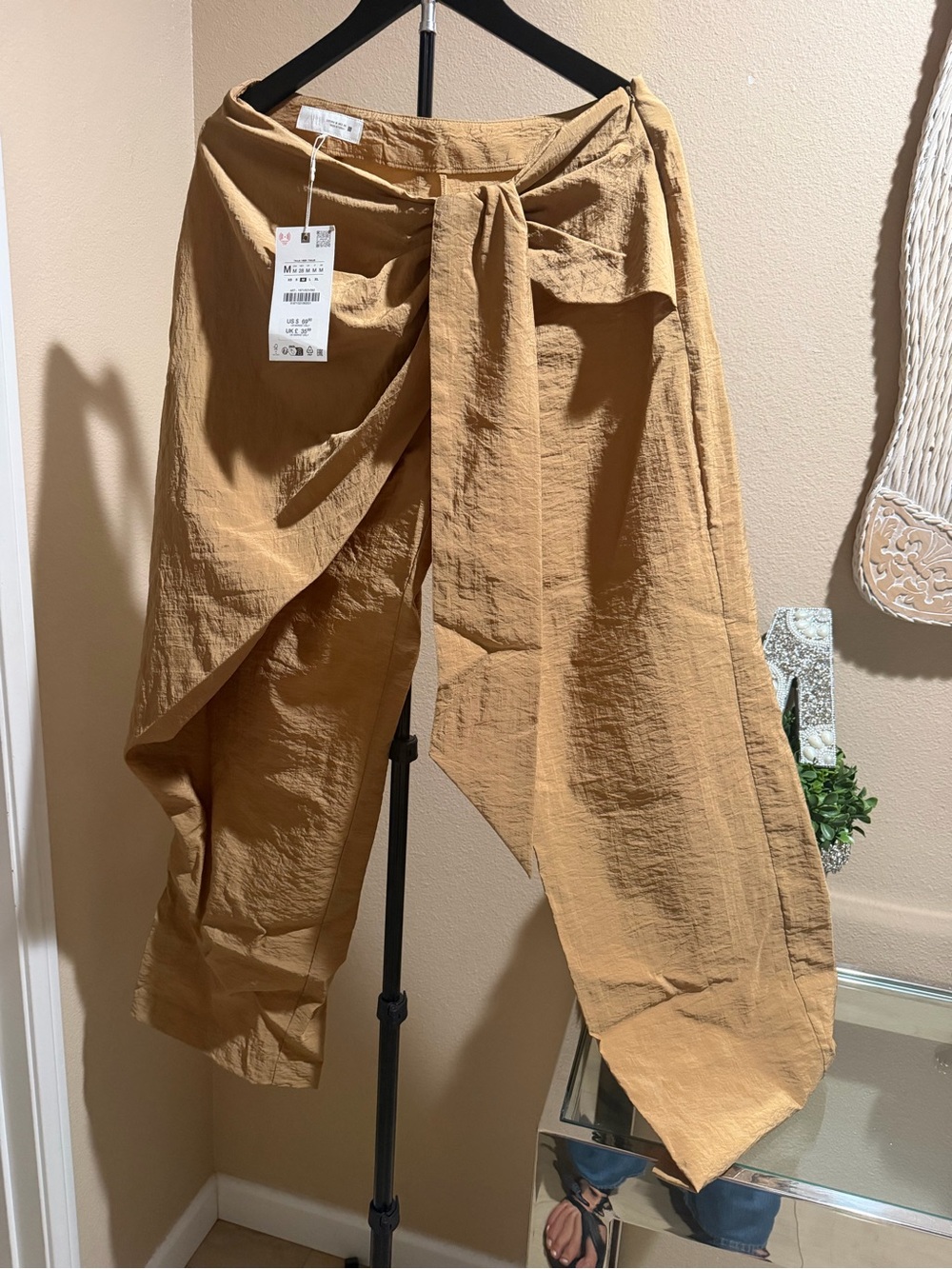 Zara Camel Draped Wrap-Front Chinos
